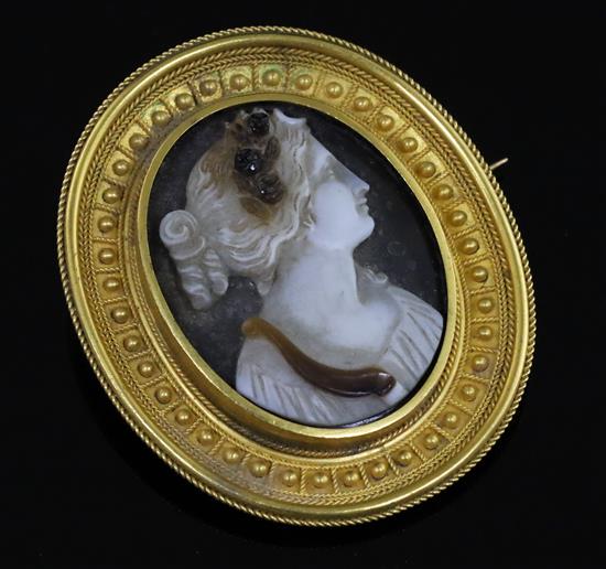 A Victorian gold mounted sardonyx oval cameo brooch, 46mm.